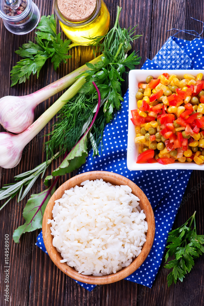 Poster boiled rice with vegetables