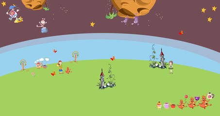 Fantastic planets, buildings and creatures. Fantasy landscape for game design, vector space background.