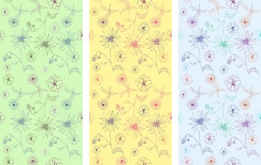 Set of seamless patterns with hand drawn flowers. Vector illustration. May be used for design of fabric, wrapping paper, covers, backgrounds.
