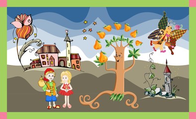 Cute card with boy and girl, pear tree, castle, flower and butterfly. Childish vector illustration.