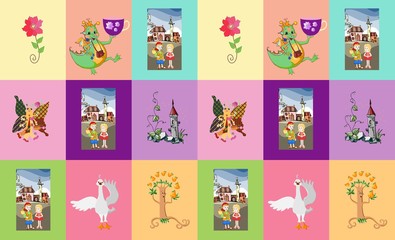 Travel through fairyland. Childish seamless patchwork pattern with dragon, prince, princess, swan, tree, castle, flower and butterfly. Fantasy vector illustration.