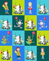 Childish seamless patchwork pattern with boy, girl, dragon, fantasy tower with fairies and creature. Cute vector illustration of quilt.