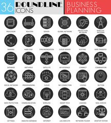 Vector business project planning circle white black icon set. Modern line black icon design for web.