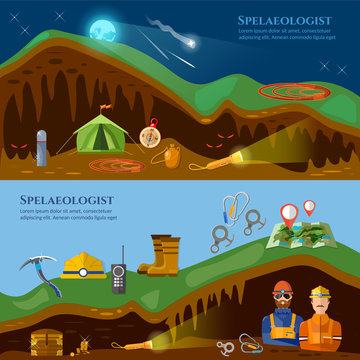Speleology banners caves study underground mines