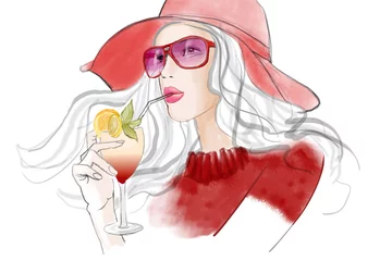 Foto auf Acrylglas Junge hübsche Frau mit Hut bei einem Cocktail © Isaxar