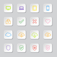 colorful line web icon set on white rounded rectangle button for web design, user interface (UI), infographic and mobile application (apps)
