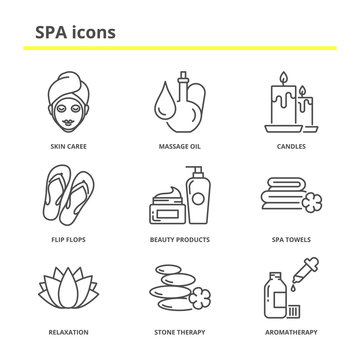 Spa and beauty icons set: skin care, massage oil, candles, flip