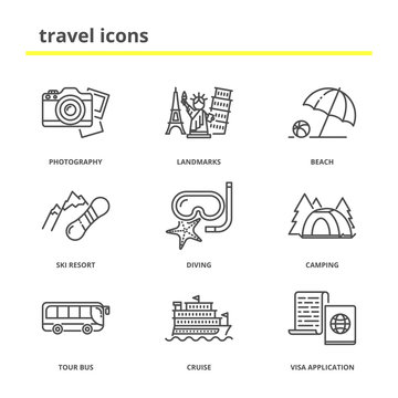 Travel and vacation icons set: photography tour, landmarks, beac