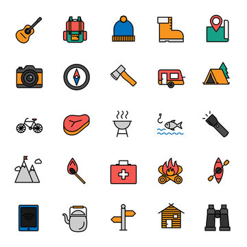 Camping, travel. Set of color vector icons. Outline style