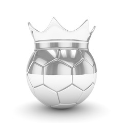 Silver soccer ball with silver crown on white background. 3D rendering.
