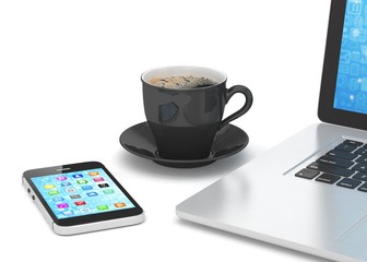 Laptop smartphone and coffee cup on white. 3d rendering.