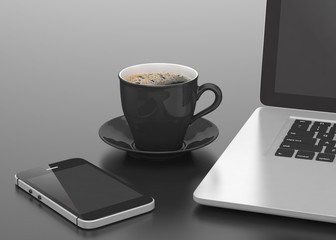 Laptop smartphone and coffee cup on black. 3d rendering.