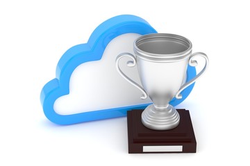 Isoalted silver cup with cloud on white background. Blue contour cloud. Concept of cloud storage competition. Leader cloud drive. Best storage contest. 3D rendering.