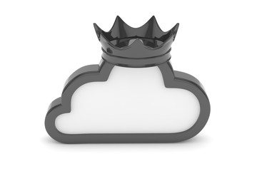 Isolated black cloud icon with crown on white background. Symbol of communication, network and technology. Broadband. Online database. 3D rendering.