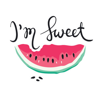 Funny summer hand drawing calligraphy/ Vector illustration with slices of watermelon