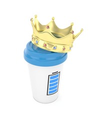 Coffee cup with  golden crown and battery on white background. Concept of luxury royal coffee. 3D rendering.