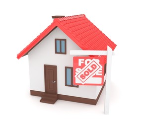 Isolated model of house with sign for sale sold. Concept of real estate, new apartment and moving to a new house. 3D rendering.