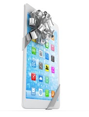 White tablet with silver bow and icons. 3D rendering.