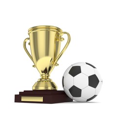 Isolated golden cup with ball on white background. Soccer and football. First place trophy. Game and competition. 3D rendering