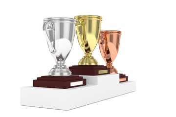 Fototapeta premium Three cups on white pedestal. 3D rendering.