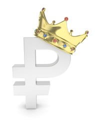 Isolated ruble sign with golden crown and gems on white background. Concept of making profit, income. Currency sign. Russian money. 3D rendering.