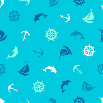 Seamless pattern on the marine theme. Anchor, dolphin, steering