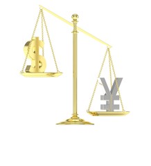 Isolated old fashioned pan scale with dollar and yuan,yen on white background. American and chinese and japanese currency. Yuan is heavier. Silver yuan, golden usd. 3D rendering.