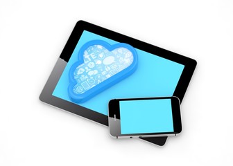 tablet pc, smart phone and cloud. 3d rendering.