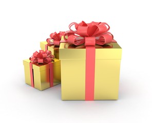 three gift boxes with bows isolated on white. 3d rendering.
