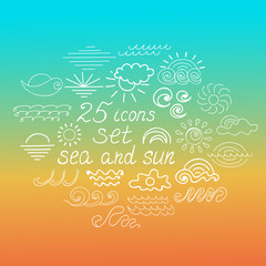 Set of twenty five icons of the sun and the sea in the background