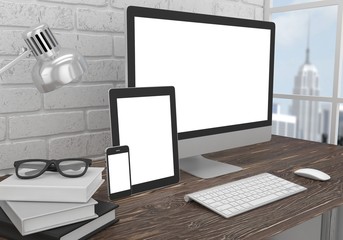 Responsive mockup screen. Monitor, tablet, phone on table in office. 3d rendering.