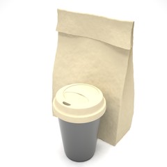 Coffee to go and lunch bag, on white. 3d rendering.