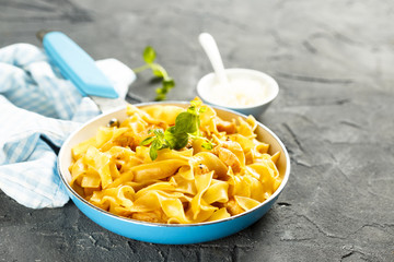 Egg noodles with chicken and oregano