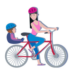 woman and toddler on a bike, white background