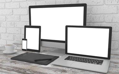 Responsive mockup screen. Monitor, laptop, tablet, phone on table in office. 3d rendering.