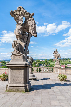 Sandstone baroque statue detail sky Kuks castle, Czech republic