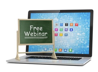Laptop with chalkboard, free webinar, online education concept. 3d rendering.