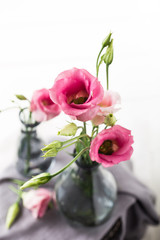 Bouquet of pink flowers in vase on the white background