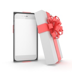 Smartphone in gift box. Isolated on white background. 3d rendering.
