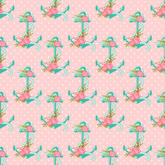 Seamless pattern with anchors and flowers.