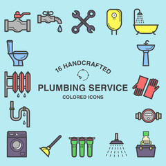 16 handcrafted colored icons for plumbing service business.