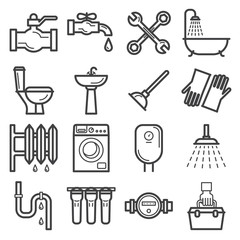 Plumbing service icons set made in line art style.