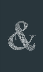 White & symbol or ampersand vector illustration with flowers, swirls and abstract doodles on dark grey background