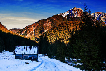 Mountain snowy landscape with wooden house