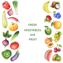Watercolor collection of vegetables and fruits.