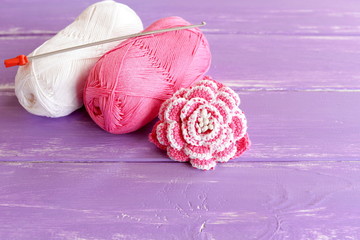 Home made pink and white crochet flower decorated with beads. Two skeins of cotton yarn and crochet...