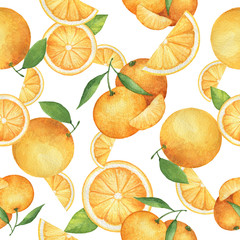 Watercolor seamless pattern with fresh oranges.