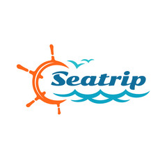 Yacht helm wheel logo with marine sea waves and seagulls silhouette.