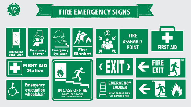Fire Emergency signs (Emergency stretcher, shower, eye wash, fire blanket, first aid, evacuation wheel chair, elevator, stairway, ladder)
