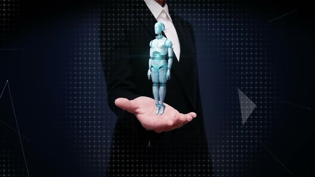 Businesswoman open palms, Rotating transparency 3D robot body.